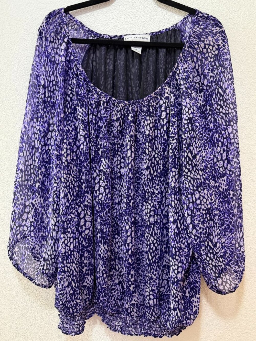 Cathy Daniels purple print sheer blouse, 3/4 length sleeves, size 3X